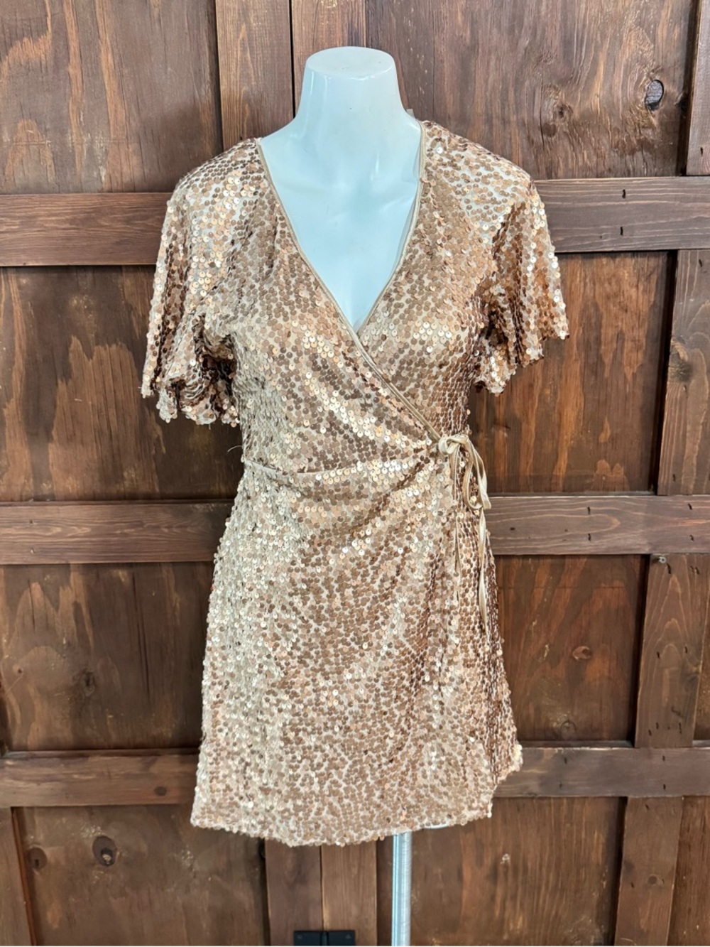 Sequin Wrap Mini Dress in Gold